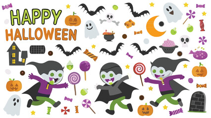 Fototapeta premium A festive halloween scene featuring cartoon vampires, ghosts, bats, pumpkins, and candy decorations