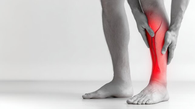 Male athlete's leg with visible calf muscle tension, displaying acute pain indicative of potential muscle strain or injury needing medical evaluation