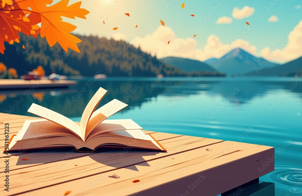 Poster a book with open pages resting on a wooden dock by a lake during autumn