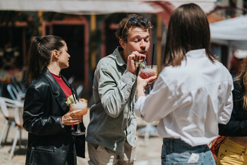 Friends gather outdoors enjoying cocktails and lively conversation in a bright, cheerful atmosphere. A focus on connection, leisure, and pleasant weather creates a vibrant mood in this engaging scene.