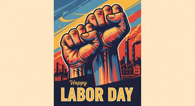 Vibrant Labor Day poster with raised fist and cityscape