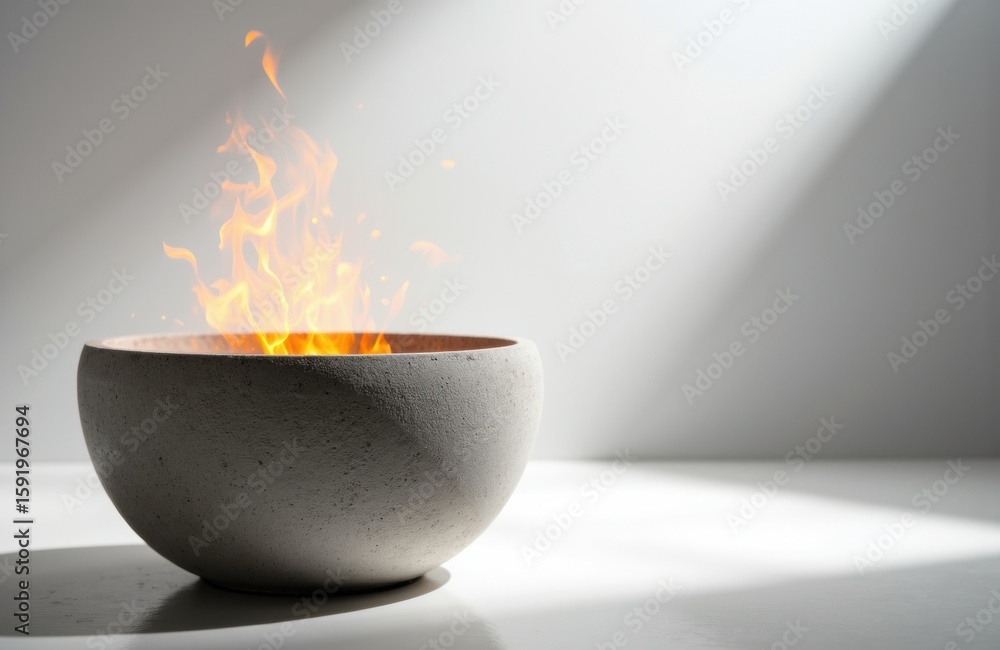 Poster a concrete bowl with a small flame inside creating a warm glow and dynamic movement