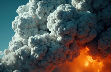 Massive volcanic eruption with thick ash clouds and fiery glow in the sky