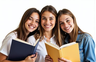 Fototapeta premium Three smiling young women holding open books and looking at the camera in a bright setting