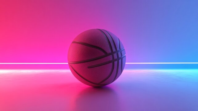 A basketball sits on a reflective surface illuminated by pink and blue neon lights.
