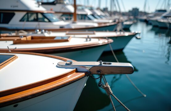 Close-up of boats docked at a marina with calm water and clear sky in the background