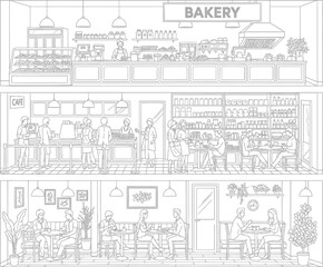 Detailed architectural sketch of a multi level bakery with customers and staff