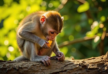 Fototapeta premium Young monkey with brown fur and pink face sitting on a tree branch eating a snack