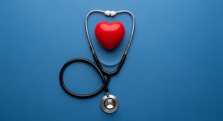 A medical stethoscope forms a heart shape around a vibrant red heart model on a simple blue background, symbolizing healthcare and cardiology.