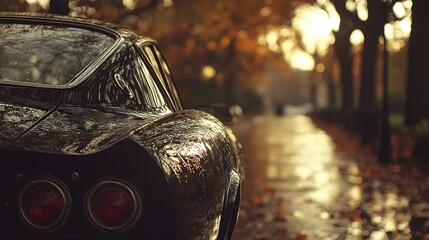 Classic car in autumn park, wet road