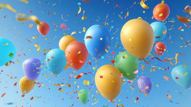 Vibrant balloons soaring against azure sky, multicolored confetti drifting, embodying celebratory spirit of festive moments and milestone events
