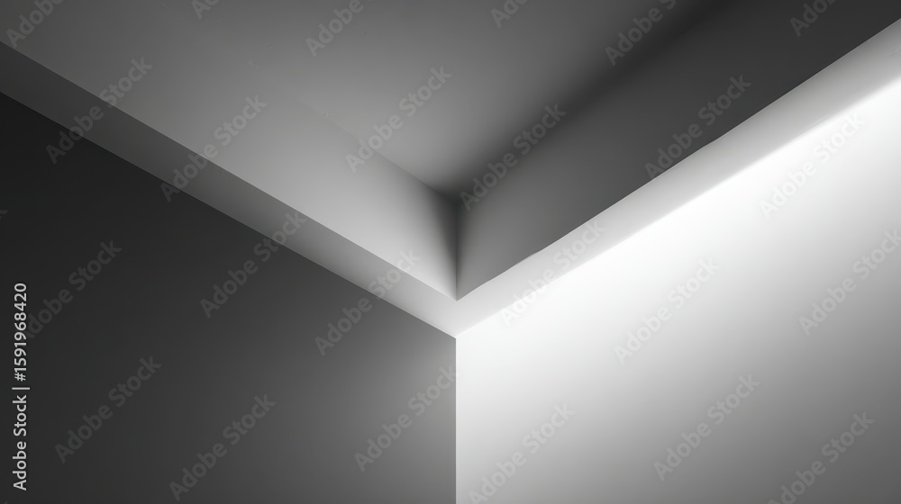 Poster light beams streaming into a room corner, illuminating white walls and ceiling while creating a stri