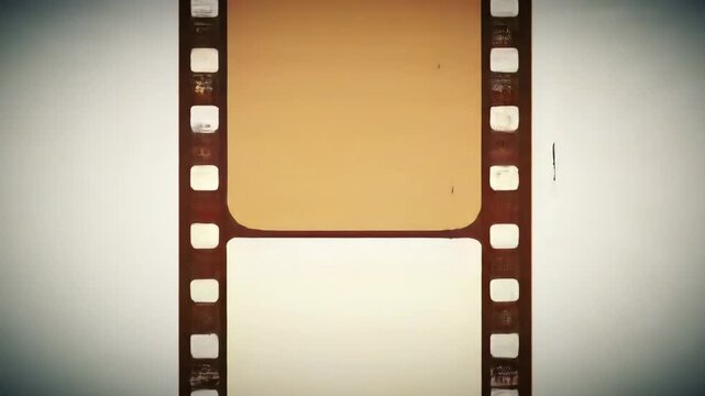 Archival 35mm film strip unspooling downward with vintage cine dust, flicker, and ghost frame traces