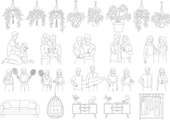 Fototapeta premium Collection of hand drawn line art illustrations of people plants and furniture
