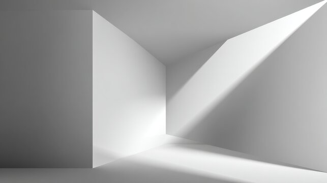 Bright sunbeams casting geometric light patterns across minimalist white interior, highlighting empty space and glossy flooring - Powered by Adobe