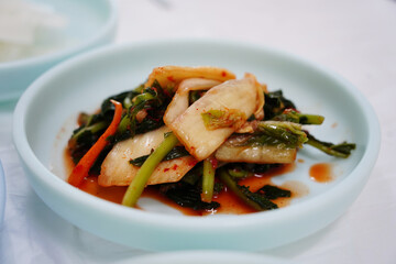Young Radish Kimchi (Yeolmu Kimchi) in a Light Blue Bowl - Korean Side Dish