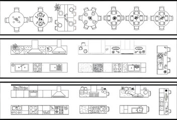 Architectural drawings of kitchen designs and furniture layouts