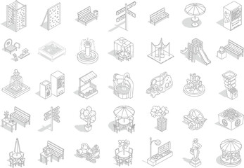 Collection of isometric line art drawings of park and playground elements