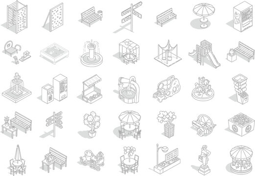 Collection of isometric line art drawings of park and playground elements
