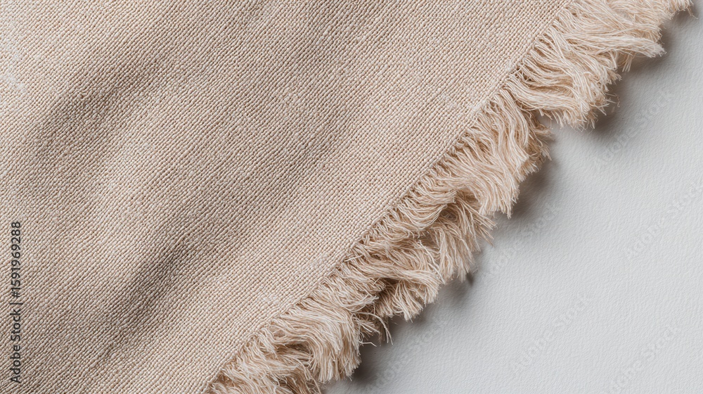 Aufkleber beige fabric with fringes lies diagonally on a white surface, creating a textured and minimalist com