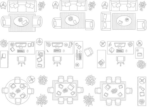 Top down view of various furniture layouts for living rooms offices and dining areas