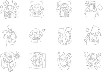 Collection of hand drawn sketches showing people reading and studying from a top down perspective