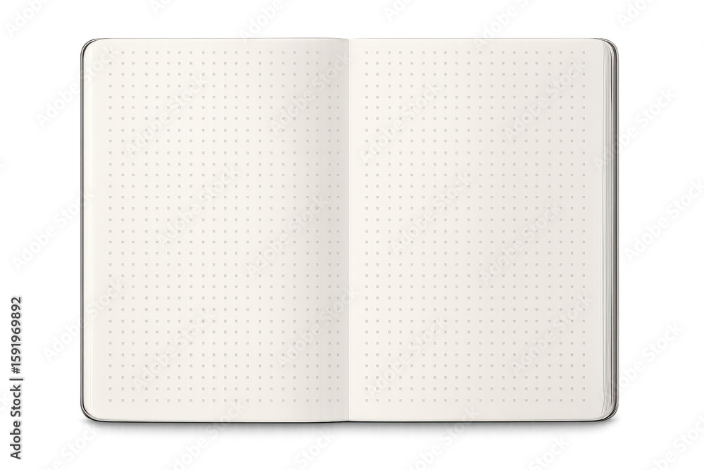 Poster open notebook showing dotted pages on transparent background, ideal for showcasing your designs or t