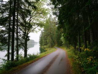 Obraz premium A scenic road winds through a lush forest, alongside a calm lake under a soft, rainy sky.