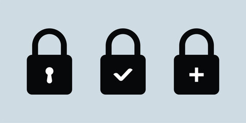 Black Padlock Icon Set – Secure Lock Symbols for Privacy, Protection, and Access Control in Web and App Interface Design
