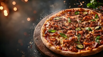 Freshly baked supreme pizza featuring a crispy golden crust layered with a variety of savory toppings including pepperoni mushrooms onions and peppers all blanketed in melted cheese