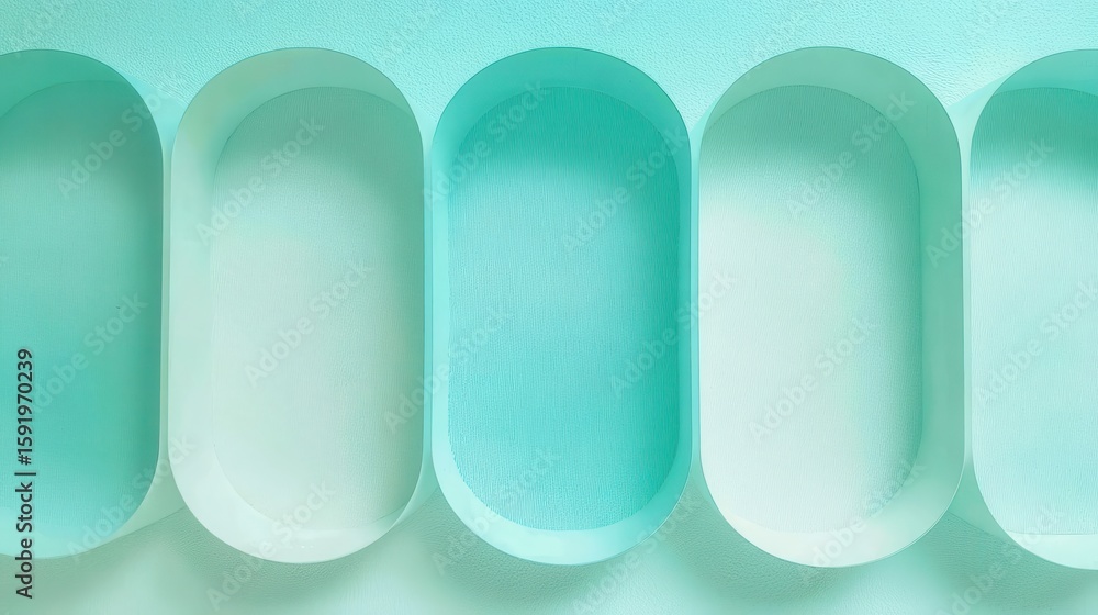 Poster architectural wall featuring five curved niches in graduated turquoise tones, creating dynamic shado