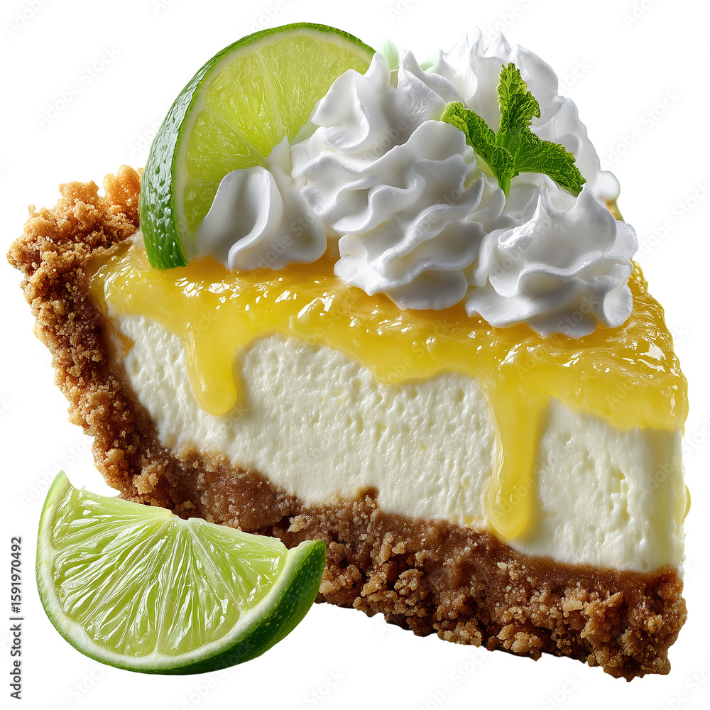 Poster a slice of key lime pie with whipped cream and lime wedge on a black background isolated on transpar