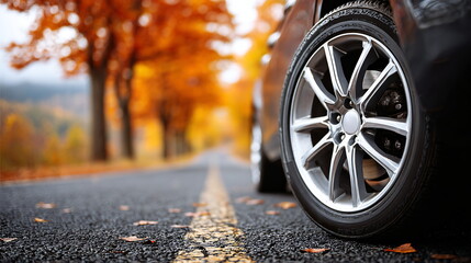 Car wheel on asphalt road with autumn trees. Fall travel and transportation. Seasonal journey and road trip.