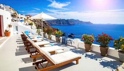 Fototapeta premium Stunning Santorini terrace overlooking the Aegean Sea