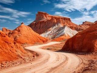 Naklejka premium A stunning display of natural beauty with a winding road meandering through striking red rock formations under a vivid blue sky.