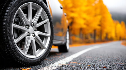 Car wheel on a wet asphalt road with autumn leaves. Fall foliage and travel. Automotive or seasonal concept.