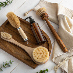 Natural Cleaning Brushes and Refillable Bottle on Wooden Tray – Eco-Friendly Home Essentials Flat Lay

