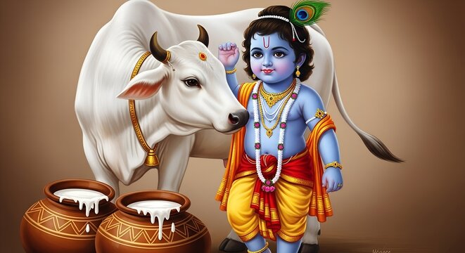 Krishna, wearing a yellow dhoti and orange shirt, holding a flute, standing next to a white cow with a golden bell around its neck, against a plain brown background. 