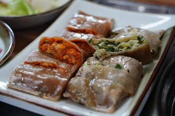 Korean Buckwheat Pancakes with Kimchi and Meat Fillings