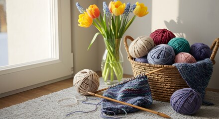 A cozy knitting setup with yarn and needles spring flowers nearby