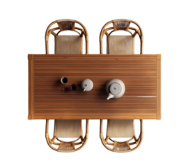 A padded, focused view of an oval yellow table with chairs around it, against a white background, in a top-down view, high-resolution photography.