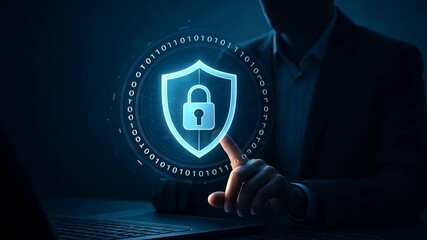Businessperson interacts with a glowing holographic shield and binary code, representing data protection and digital safety, bank safety and protection - Powered by Adobe