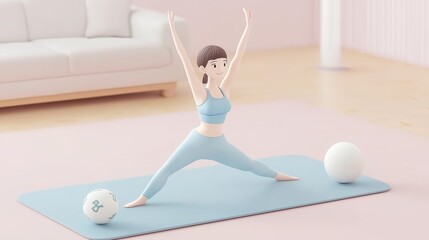 Cartoon woman doing yoga with balls