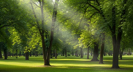 新緑の木漏れ日 美しい芝生の広がる風景