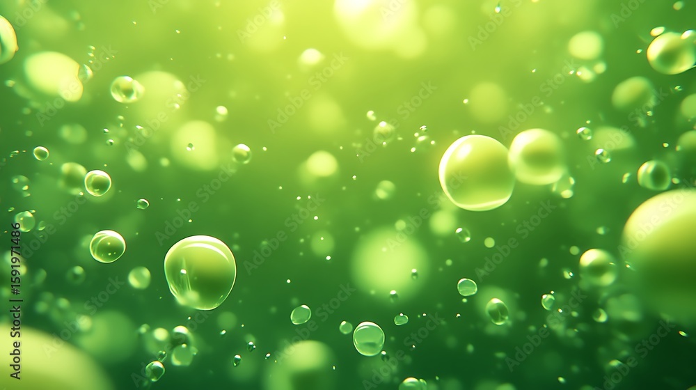 Poster floating green spheres and droplets abstract background with bokeh effect