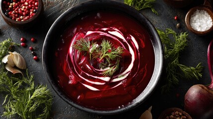 Russia dish Borsch Beetroot soup deep red with sour cream swirl