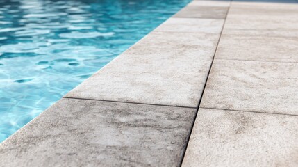 Luxurious poolside scene featuring crystal clear water lapping against textured stone tiles, representing elegant summer swimming environment