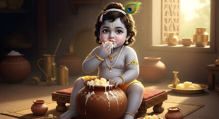 Happy krishna Janmashtami  baby Krishna, a blue-skinned Hindu deity, sitting on a wooden swing. He is eating a bowl of yogurt with a spoon in his right hand. He has curly black hair, a peacock feather