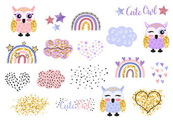 Illustration of a set of owls and rainbows and various elements on a white background.