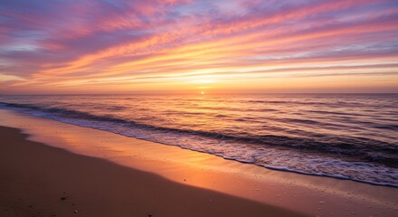 A serene beach with golden sand and gentle waves at sunrise